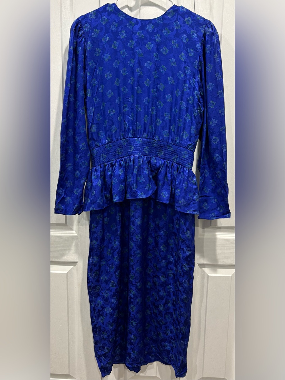 Vintage 80s Maggy London Jeannene Booher Silk Dress 12 Blue Paisley Peplum